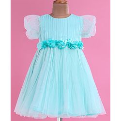 Babyhug Woven Half Puffed Fit & Flared Solid Colour Party Frock with Floral Applique - Light Blue