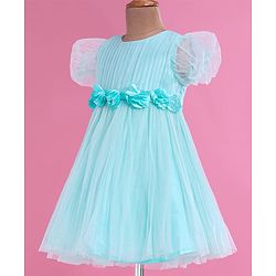 Babyhug Woven Half Puffed Fit & Flared Solid Colour Party Frock with Floral Applique - Light Blue