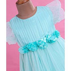 Babyhug Woven Half Puffed Fit & Flared Solid Colour Party Frock with Floral Applique - Light Blue