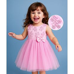 Babyhug Woven Sleeveless Fit & Flared Party Frock with Floral Embroidery & Floral  Applique - Pink