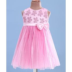 Babyhug Woven Sleeveless Fit & Flared Party Frock with Floral Embroidery & Floral  Applique - Pink