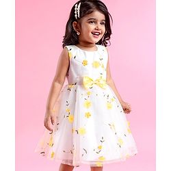 Babyhug Woven Sleeveless Fit and Flare Party Frock with 3D Floral Applique - Off- White