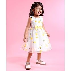 Babyhug Woven Sleeveless Fit and Flare Party Frock with 3D Floral Applique - Off- White