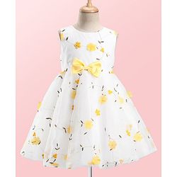 Babyhug Woven Sleeveless Fit and Flare Party Frock with 3D Floral Applique - Off- White