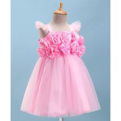 Babyhug Sleeveless Party Wear Fit And Flare Ruffle Dress With Corsage - Pink