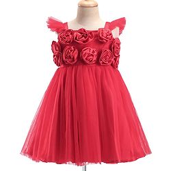 Babyhug Woven Sleeveless Fit and Flare Ruffle Party Dress with Floral Corsage - Red
