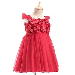 Babyhug Woven Sleeveless Fit and Flare Ruffle Party Dress with Floral Corsage - Red