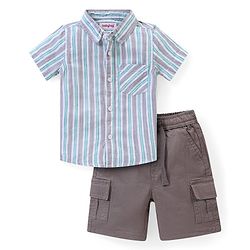 Babyhug 100% Cotton Knit Half Sleeves Striped Shirt & Shorts Set - Grey