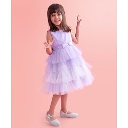 Babyhug Woven Sleeveless Layered Party Wear Tiered Dress with Bow Applique - Lavender