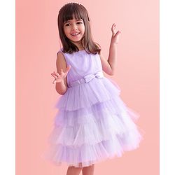 Babyhug Woven Sleeveless Layered Party Wear Tiered Dress with Bow Applique - Lavender