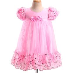 Babyhug Woven Puff Sleeves Fit and Flare Party Dress with Floral Corsage & Sequins - Pink