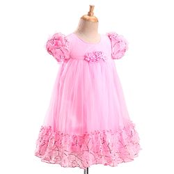 Babyhug Woven Puff Sleeves Fit and Flare Party Dress with Floral Corsage & Sequins - Pink