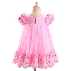 Babyhug Woven Puff Sleeves Fit and Flare Party Dress with Floral Corsage & Sequins - Pink