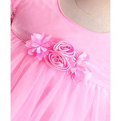 Babyhug Woven Puff Sleeves Fit and Flare Party Dress with Floral Corsage & Sequins - Pink