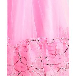 Babyhug Woven Puff Sleeves Fit and Flare Party Dress with Floral Corsage & Sequins - Pink
