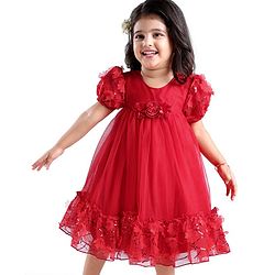 Babyhug Woven Puff Sleeves Fit and Flare Party Frock with Floral Corsage & Sequins - Red