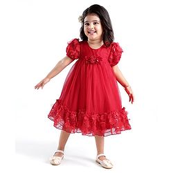 Babyhug Woven Puff Sleeves Fit and Flare Party Frock with Floral Corsage & Sequins - Red