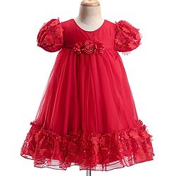 Babyhug Woven Puff Sleeves Fit and Flare Party Frock with Floral Corsage & Sequins - Red