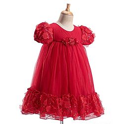 Babyhug Woven Puff Sleeves Fit and Flare Party Frock with Floral Corsage & Sequins - Red