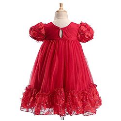 Babyhug Woven Puff Sleeves Fit and Flare Party Frock with Floral Corsage & Sequins - Red