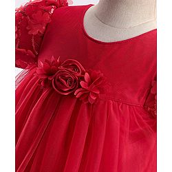Babyhug Woven Puff Sleeves Fit and Flare Party Frock with Floral Corsage & Sequins - Red