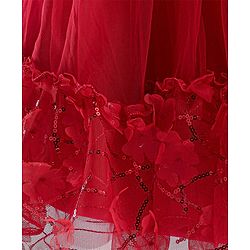 Babyhug Woven Puff Sleeves Fit and Flare Party Frock with Floral Corsage & Sequins - Red