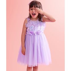 Babyhug Sleeveless Party Wear Fit and Flare Dress with Sequined Yoke and Corsage - Lavender
