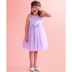 Babyhug Sleeveless Party Wear Fit and Flare Dress with Sequined Yoke and Corsage - Lavender