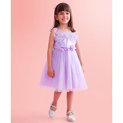 Babyhug Sleeveless Party Wear Fit and Flare Dress with Sequined Yoke and Corsage - Lavender