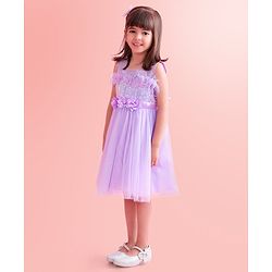 Babyhug Sleeveless Party Wear Fit and Flare Dress with Sequined Yoke and Corsage - Lavender