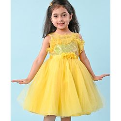 Babyhug Woven Sleeveless Party Wear Fit and Flare Dress with Sequined Yoke and Corsage - Lemon Yellow