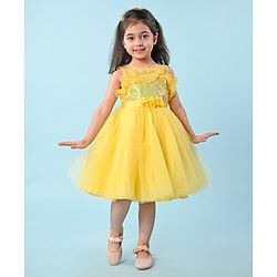 Babyhug Woven Sleeveless Party Wear Fit and Flare Dress with Sequined Yoke and Corsage - Lemon Yellow