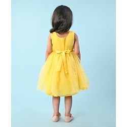 Babyhug Woven Sleeveless Party Wear Fit and Flare Dress with Sequined Yoke and Corsage - Lemon Yellow
