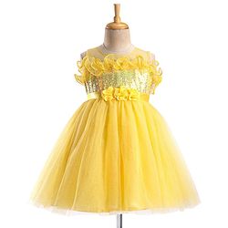 Babyhug Woven Sleeveless Party Wear Fit and Flare Dress with Sequined Yoke and Corsage - Lemon Yellow
