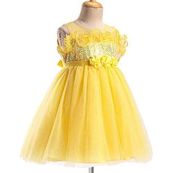 Babyhug Woven Sleeveless Party Wear Fit and Flare Dress with Sequined Yoke and Corsage - Lemon Yellow