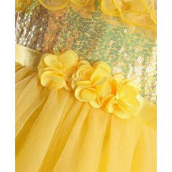 Babyhug Woven Sleeveless Party Wear Fit and Flare Dress with Sequined Yoke and Corsage - Lemon Yellow