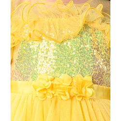 Babyhug Woven Sleeveless Party Wear Fit and Flare Dress with Sequined Yoke and Corsage - Lemon Yellow