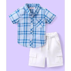 Babyhug 100% Cotton Knit Checkered Shirt & Shorts Set - Blue & White
