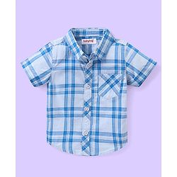 Babyhug 100% Cotton Knit Checkered Shirt & Shorts Set - Blue & White