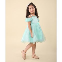 Babyhug Sleeveless Frill & Floral Detailing Solid Colour Fit & Flared Party Frock - Mint