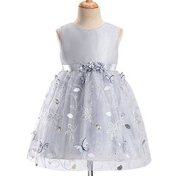 Babyhug Sleeveless Floral Embroidered & Corsage Detailing Fit & Flared Party Frock - Grey