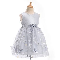 Babyhug Sleeveless Floral Embroidered & Corsage Detailing Fit & Flared Party Frock - Grey