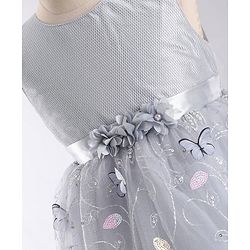 Babyhug Sleeveless Floral Embroidered & Corsage Detailing Fit & Flared Party Frock - Grey