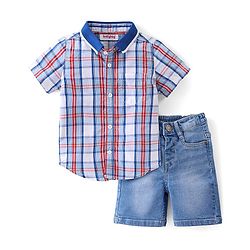 Babyhug Cotton Knit Half Sleeves Regular Collar Checkered Shirt & Denim Shorts Set - Multicolor