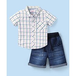 Babyhug Cotton Woven Half Sleeves Checks Shirt & Denim Shorts Set - White & Navy Blue
