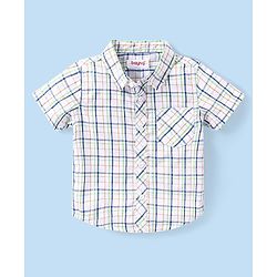 Babyhug Cotton Woven Half Sleeves Checks Shirt & Denim Shorts Set - White & Navy Blue