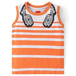 Babyhug Cotton Knit Sleeveless Striped T-Shirt with Headphone Print - Orange