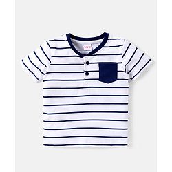 Babyhug Cotton Knit Half Sleeves Stripped Henley T-Shirt with Pocket- White & Navy Blue