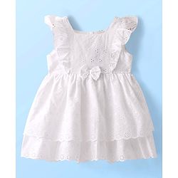 Babyhug 100% Cotton Woven Frill Sleeves Schiffli Frock With Bow Applique- White