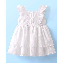 Babyhug 100% Cotton Woven Frill Sleeves Schiffli Frock With Bow Applique- White